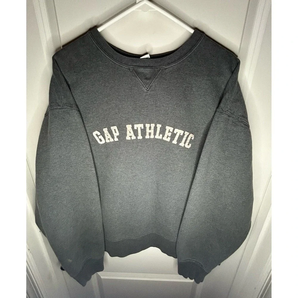 Vintage 90's Gap Athletic Embroidery Spell Out Grey Crewneck Sweatshirt Mens XL